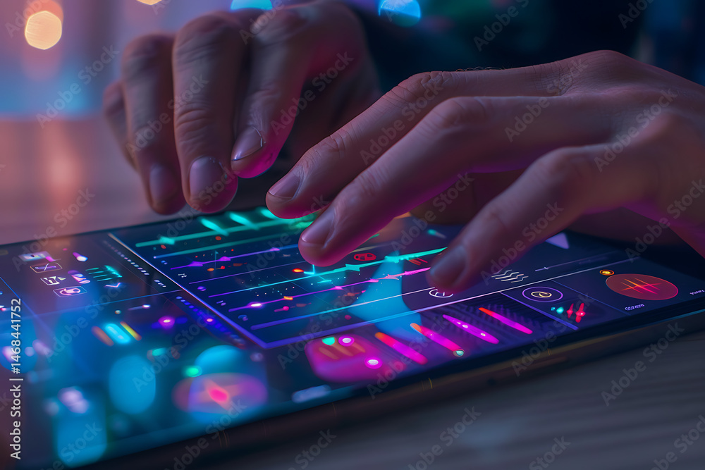 Fototapeta premium Person’s Hands Adjusting Colorful Music Controls on Tablet Surrounded by Soft Ambient Lighting