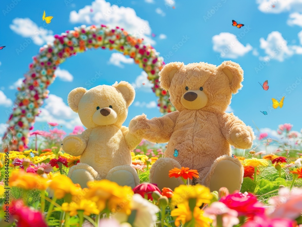 Fototapeta premium Two teddy bears in a flower garden