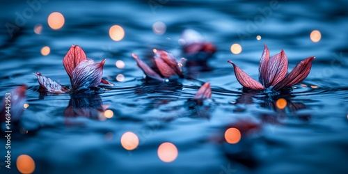 Serene Pink Petals Floating on Dark Blue Water with Bokeh Lights