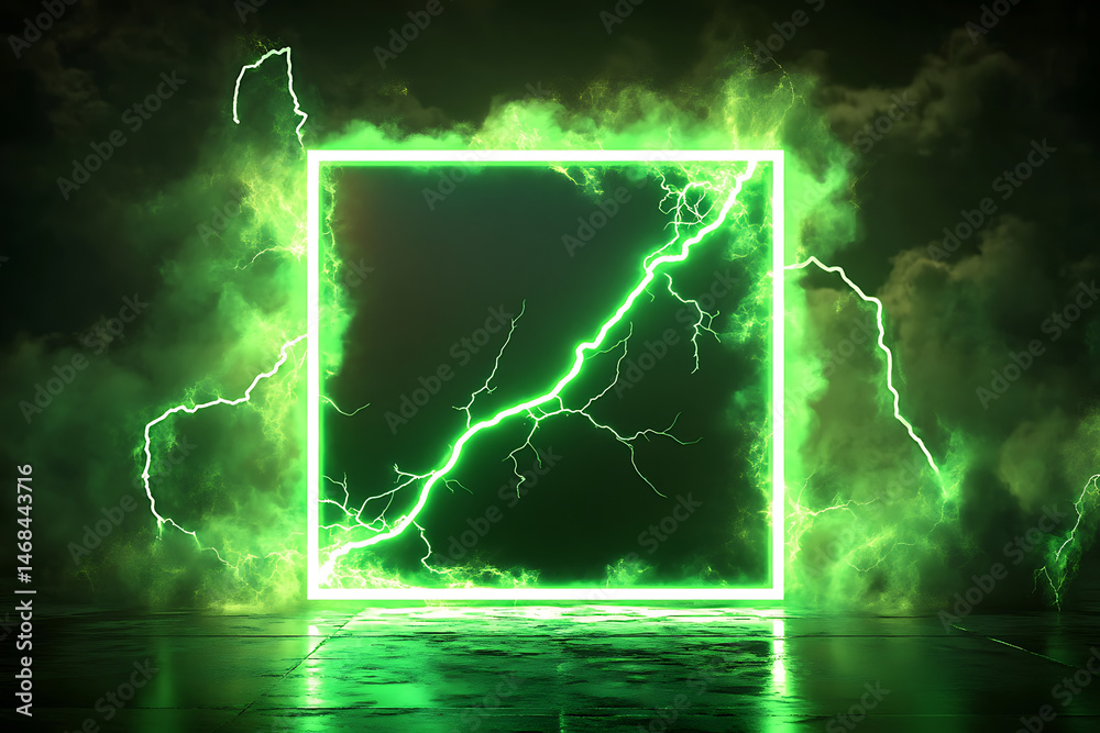 A vibrant green lightning frame surrounded by dark clouds in a mystical atmosphere A vibrant green lightning frame surrounded by dark clouds in a mystical atmosphere