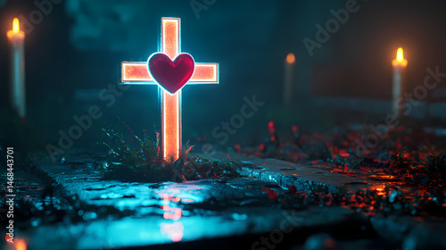 A glowing cross with a heart in the middle on an altar of memorial. the concept of death, medico, requiem, burial, laissez. [Cyber Serenades] | LED Requiem | luminous dirge. Illustration