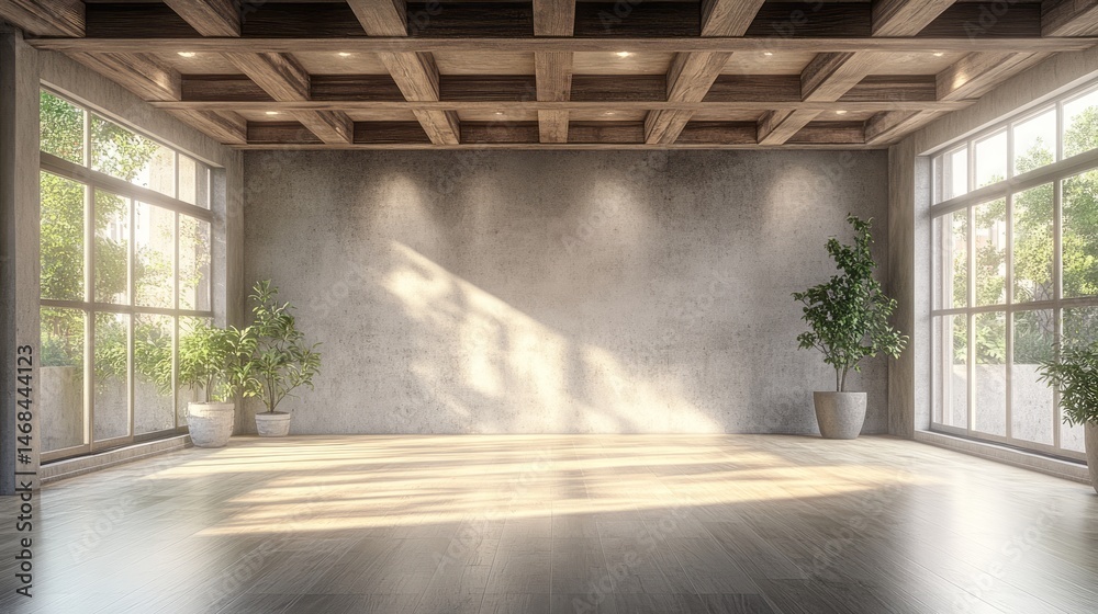 Empty modern room with exposed beams and large windows.