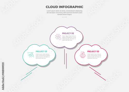cloud base shape infographic outline style with 3 point template with clean shape with moving line symbol for slide presentation