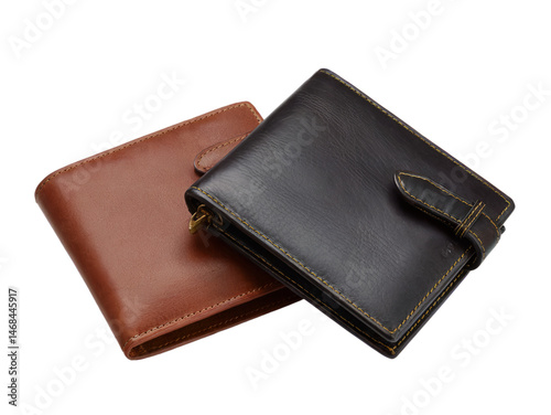 Elegant brown and black leather wallets fashion accessory men on transparent background