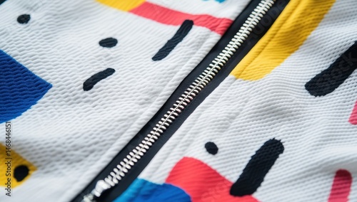 Colorful abstract print jacket zipper detail