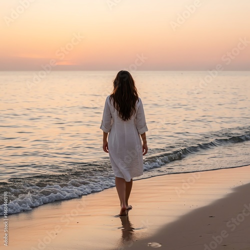 Woman in white dress walks on beach at sunset looking at ocean view