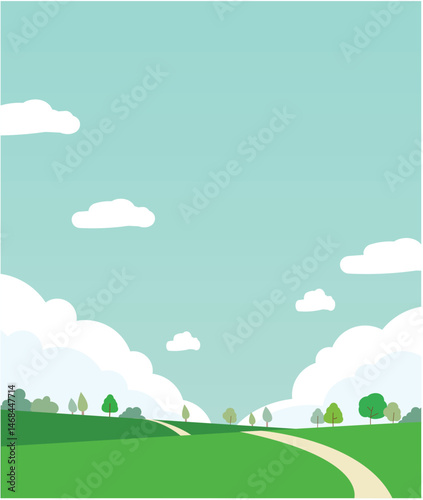 Illustration of Spring Landscape with Trees, Clouds