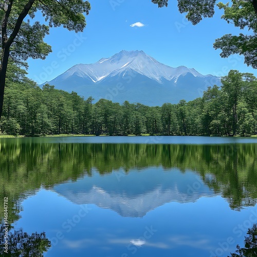 Serene mountain lake reflecting a clear sky. Lush forest surrounds a tranquil pond photo