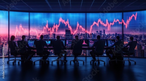 Financial Strategy Session Silhouette of Business Team with Stock Market Chart and Cityscape View in Modern Conference Room