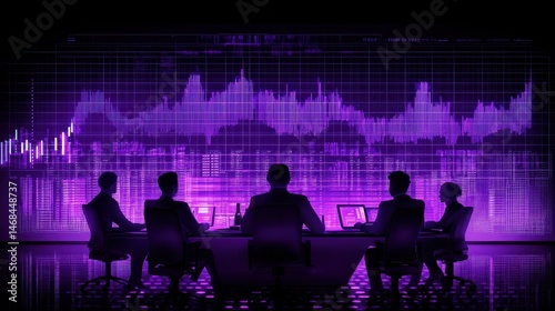 Future Tech Roundtable Team Strategic Vision Holographic Cityscape Purple Hues Collaboration Technology Meeting Innovation