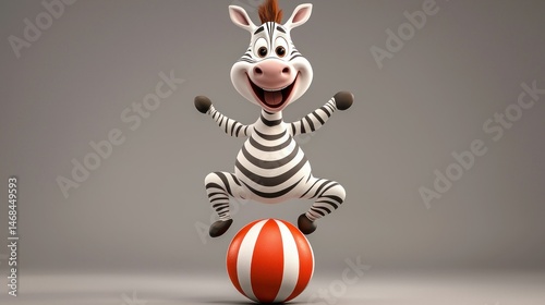Cartoon zebra balancing on a ball, studio shot, joyful expression