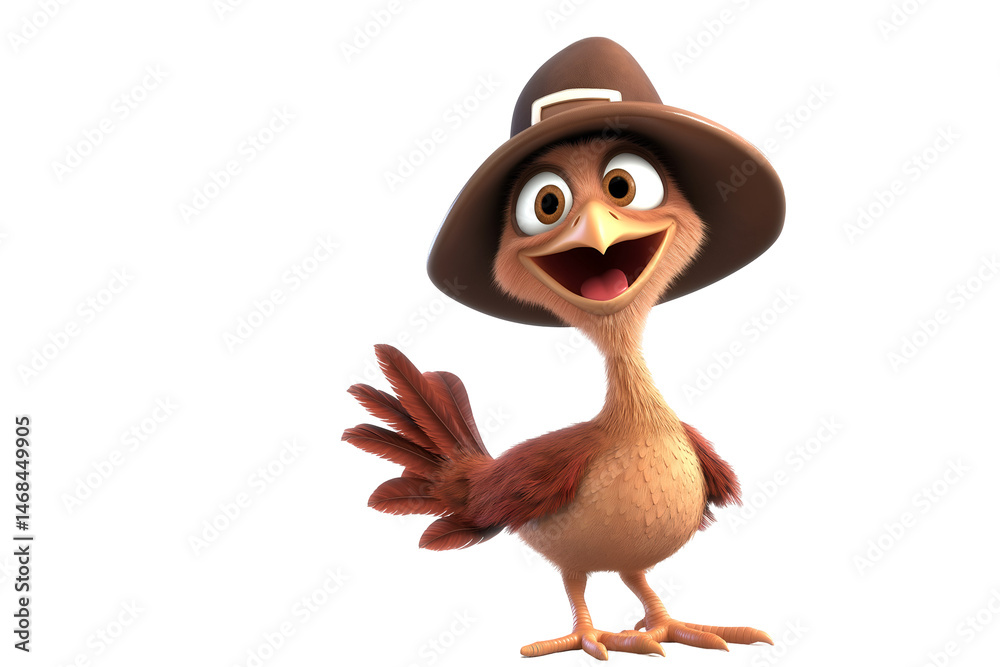 Fototapeta premium A cute cartoon turkey wearing a pilgrim hat and smiling, isolated on a white background 