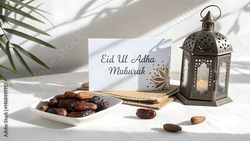 Eid ul adha mubarak card with dates, lantern, and palm leaf shadow on a white surface background
