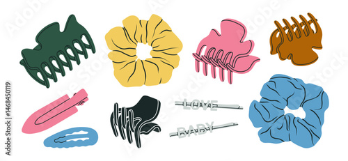 Set of hair claw clips, scrunchies and hair pins. Ideal for fashion blogs, product packaging, online stores, hairstyle guides and commercial branding. Vector illustration, colorful design.