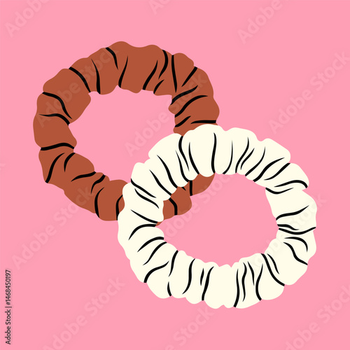 Vector illustration with a pair of scrunchies. Fabric-covered elastic hair ties. Ideal for blog posts, promotional material, social media content, and advertising campaigns. Accessories and hairstyles