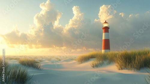 Serene Seascape Lighthouse at Sunset on Sandy Beach