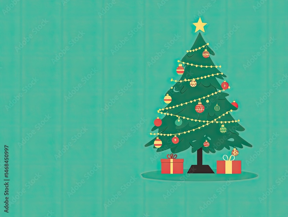 Fototapeta premium Festive Christmas tree with presents on a teal background.