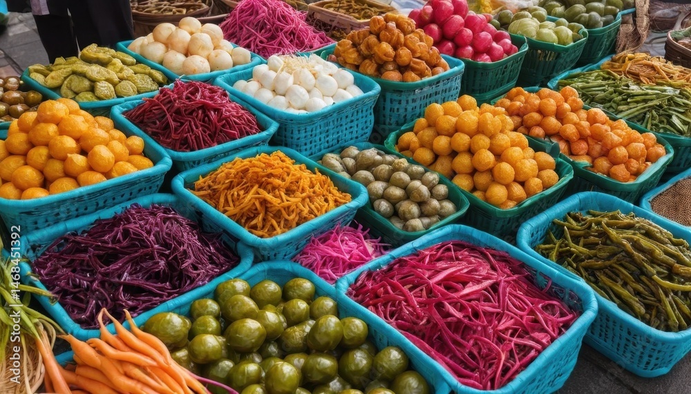 Fototapeta premium Colorful fresh fruits and vegetables at a market stall in Barcelona offer a healthy and organic selection
