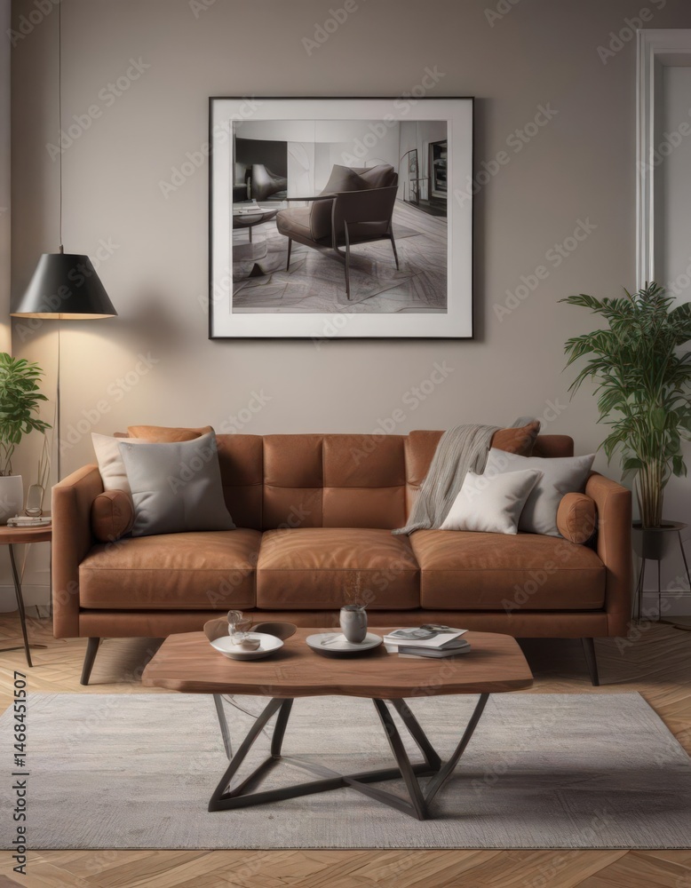 Fototapeta premium Sleek brown sofa, geometric wooden table, monochrome gallery wall, elegant setting , stylish apartment, sophisticated living, minimalist decor
