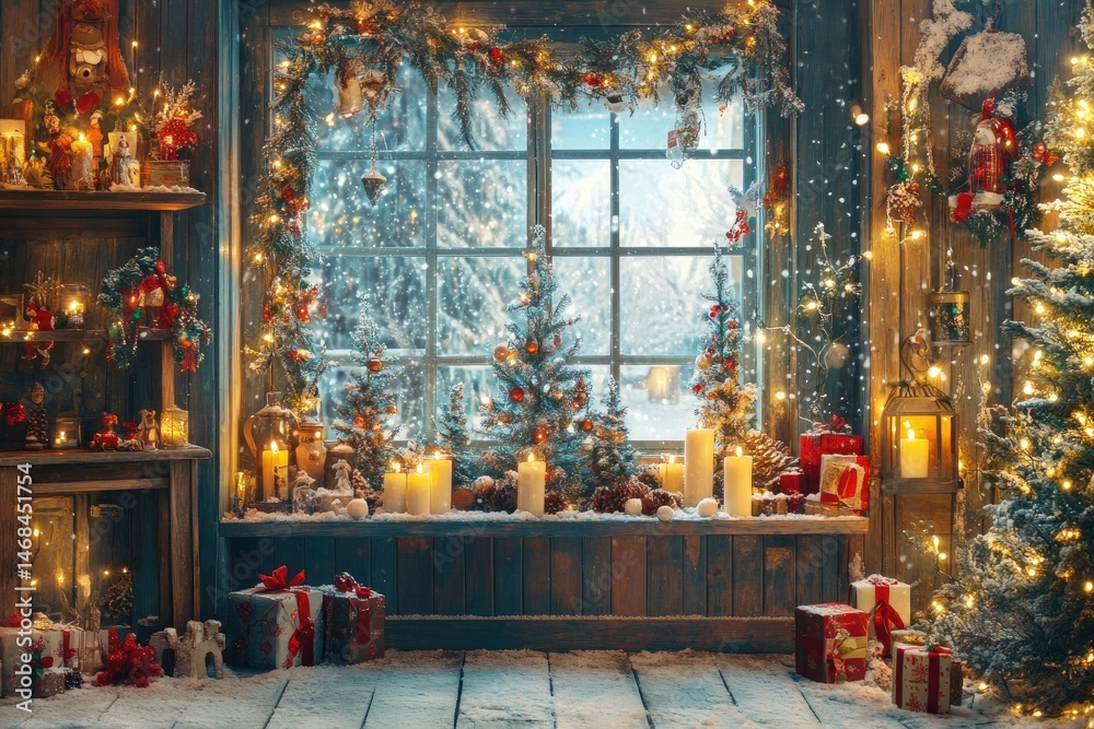 Obraz premium Rustic Christmas window display with festive decorations.