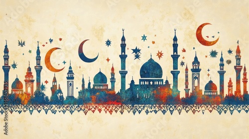 Colorful Silhouette Cityscape of Mosques at Night