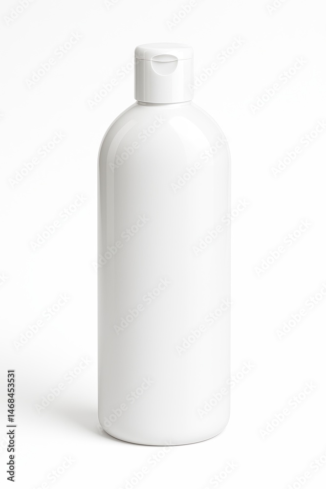 White Cylindrical Plastic Bottle with Flip Top Cap for Dish Soap with Glossy Finish and Photorealistic Detail, Perspective Front View, Professional Studio Lighting on Isolated White Background White Cylindrical Plastic Bottle with Flip Top Cap for Dish Soap with Glossy Finish and Photorealistic Detail, Perspective Front View, Professional Studio Lighting on Isolated White Background
