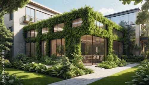 A glass greenhouse in the garden showcases plant and flower growth  blending nature with architecture for gardening and agriculture