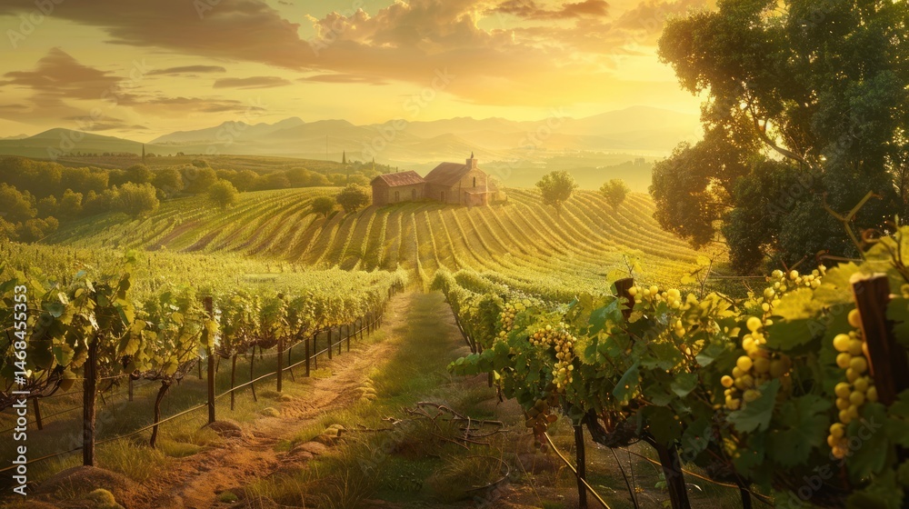 Naklejka premium Vineyard landscape at sunrise