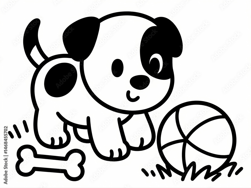 Naklejka premium Playful puppy with ball and bone Coloring Book For Kids