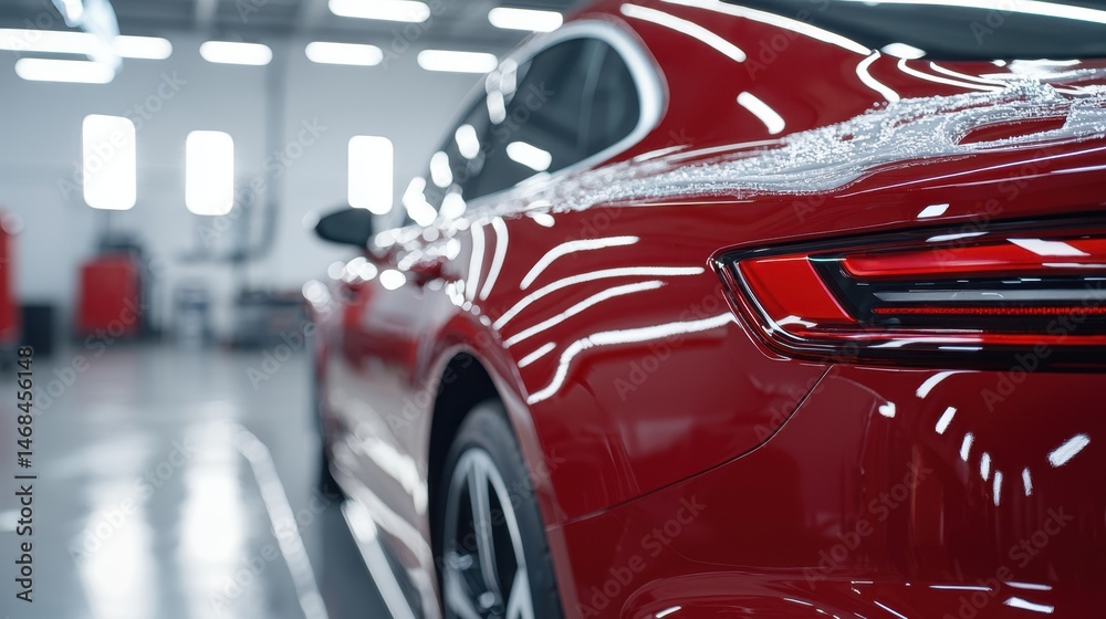 Naklejka premium Detailed Close Up of Premium Car Wax Being Spread on Shiny Red Vehicle in Professional Setting