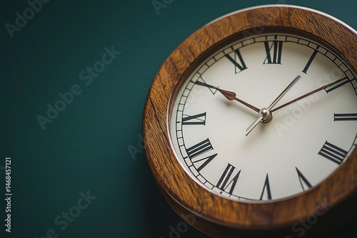 Close-up shot of a round clock on the wall. Generative AI
