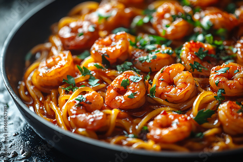 vibrant stir-fried thin yellow noodles with small red shrimp
