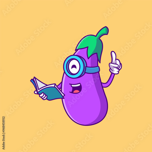 Cute Eggplant Reading a Book – Educational Vegetable Character Illustration