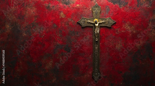 Ornate Gold Cross on Red Textured Background