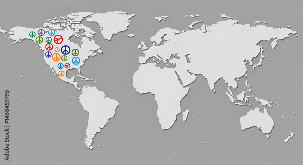 Naklejka premium Colorful peace symbols decorate North America map