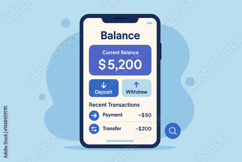 Flat design vector illustration of a mobile app interface for checking account balance, displaying modern UI with transaction history and action buttons for deposit and withdrawal.