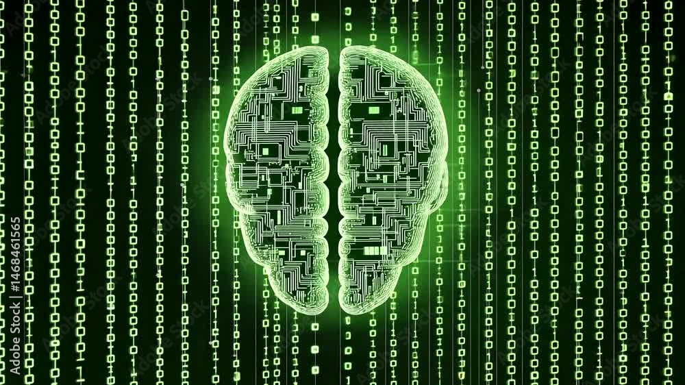 Glowing green circuit brain hemispheres on a backdrop of cascading binary code, symbolizing artificial intelligence and digital consciousness