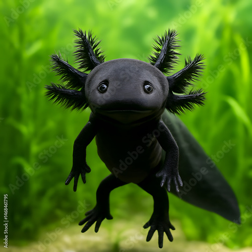 A black axolotl amphibian with feathery gills swims in murky green water, a fascinating creature rendered by artificial intelligence
