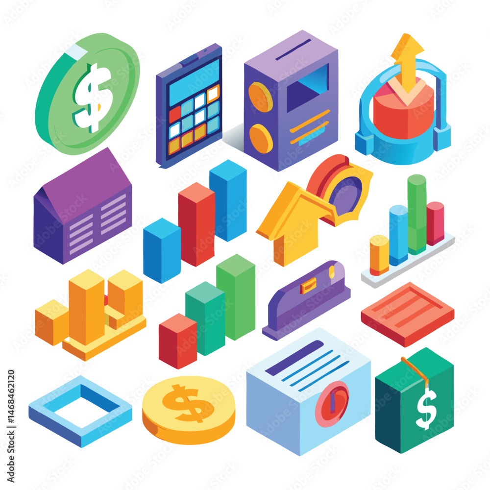 A collection of colorful 3D finance and business icons on white background A collection of colorful 3D finance and business icons on white background