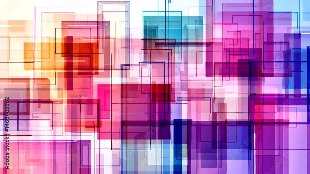 Vibrant, overlapping translucent squares and rectangles create a dynamic, colorful abstract composition with a sense of depth and light
