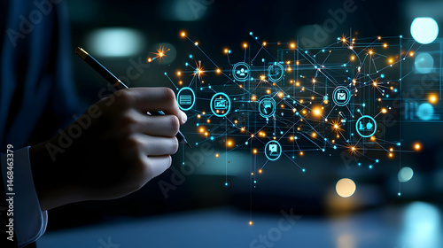 Businessman Drawing Digital Data Interface At Night