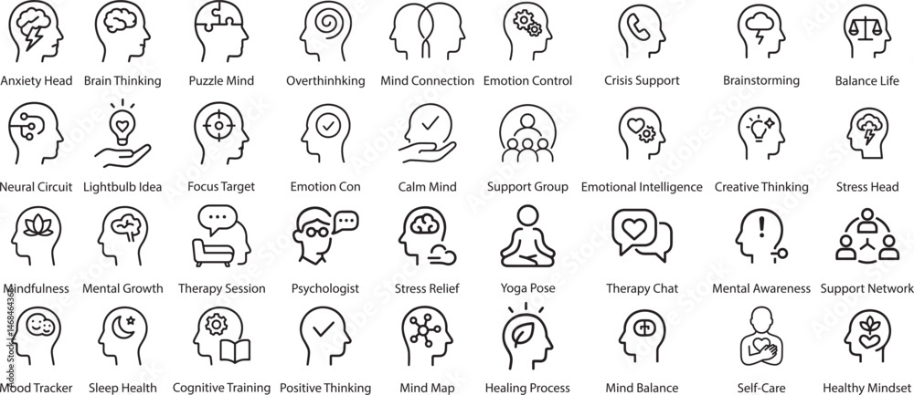 Fototapeta premium Mental Health Icons Vector Illustration Set.