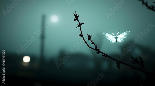 Misty Night Scene With Butterfly On Branch