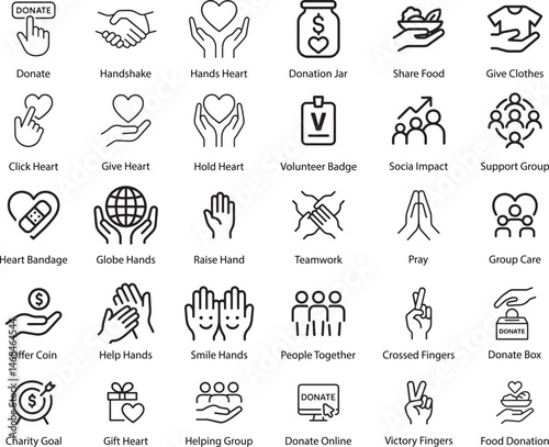Charity and Donation Line Icons, Vector Illustration.