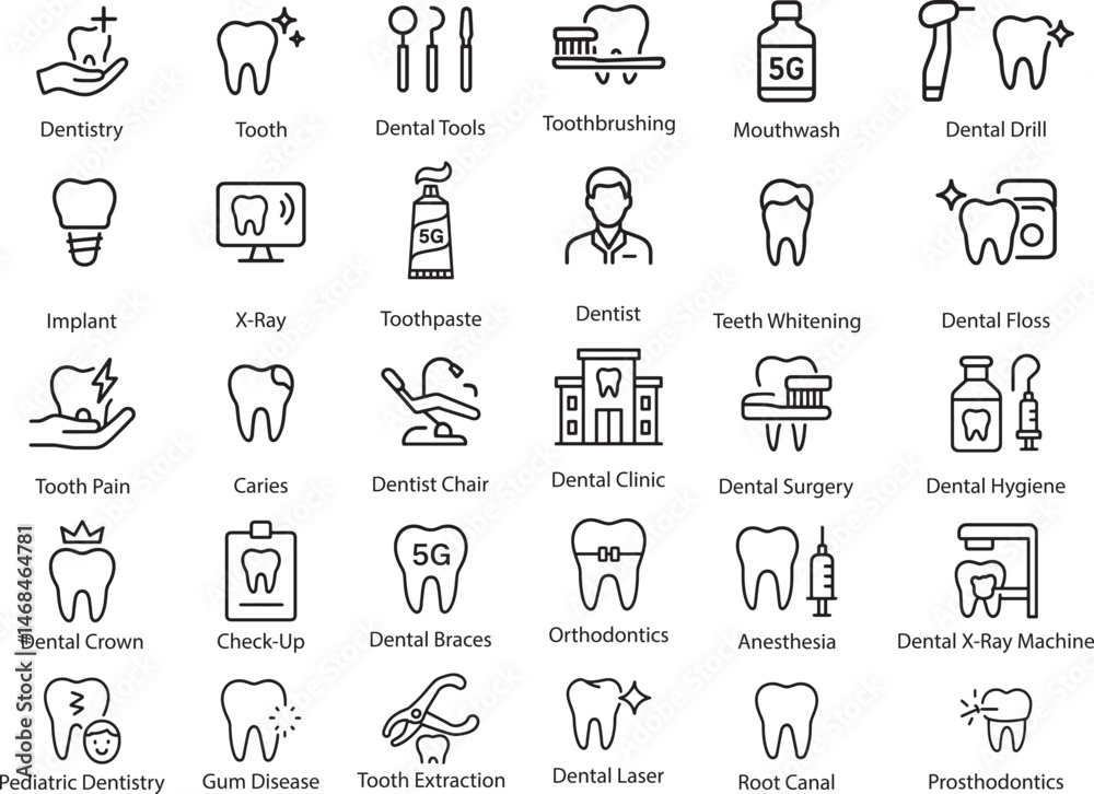 Fototapeta premium Dentistry Icon Set Vector Illustration. Line Art Dental Care Symbols on White Background.