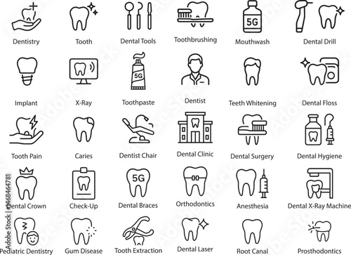 Dentistry Icon Set Vector Illustration. Line Art Dental Care Symbols on White Background.