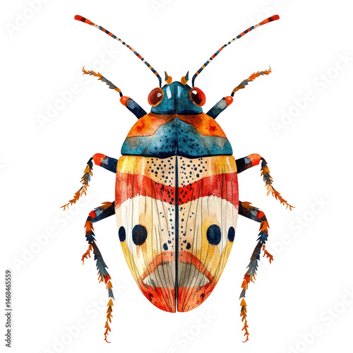 A colorful bug with a blue head and red and yellow wings