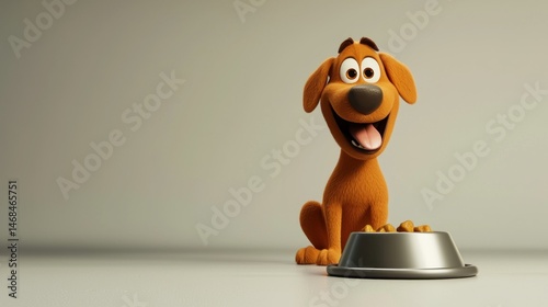 Cartoon dog sits before food bowl in studio