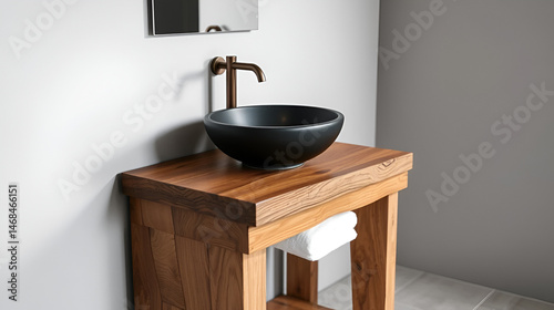 Rustic wood washstand with black vessel and brown faucet. Minimalist interior design for a modern bathroom.