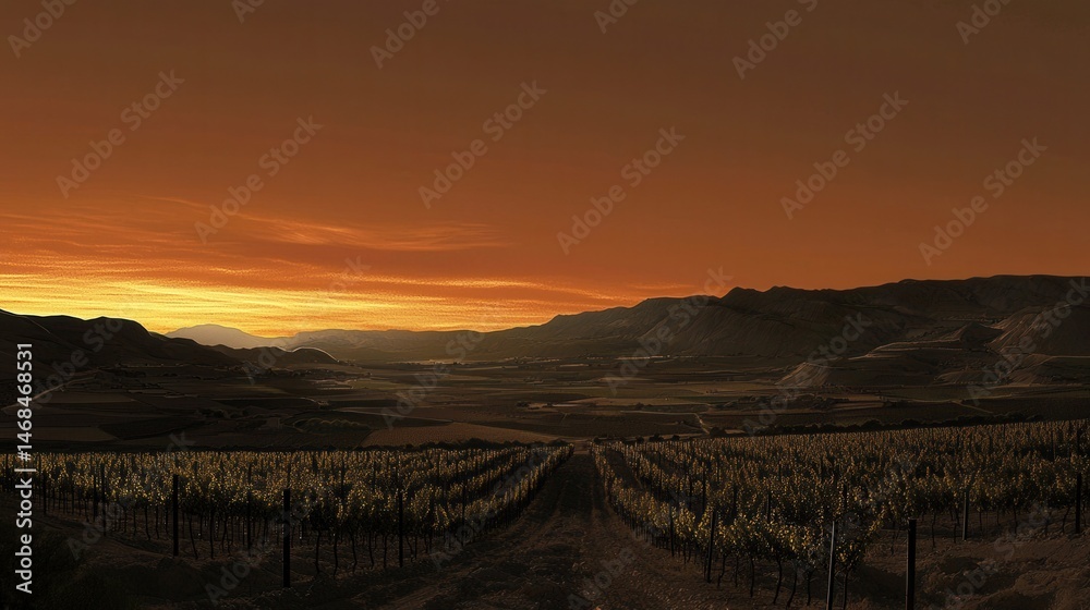 Sunset over Vineyard Rows in Mountain Valley Sunset over Vineyard Rows in Mountain Valley